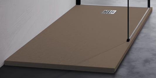 Novellini Novomatt Piatto Doccia 180x80 Spessore 3 cm Colore Cappuccino Ultrapiatto Sottile Slim Forma Rettangolare Installazione Appoggio Sagomabile Tagliabile Resistente Materiale Mineralsolid Superficie Texture Effetto Pietra Compreso Copripiletta
