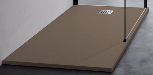 Novellini Novomatt Piatto Doccia 160x70 Spessore 3 cm Colore Cappuccino Ultrapiatto Sottile Slim Forma Rettangolare Installazione Appoggio Sagomabile Tagliabile Resistente Materiale Mineralsolid Superficie Texture Effetto Pietra Compreso Copripiletta