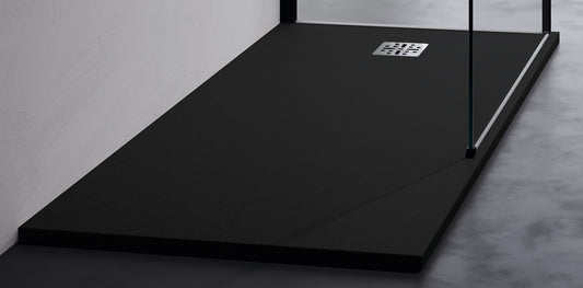Novellini Novomatt Piatto Doccia 160x70 Spessore 3 cm Colore Nero Antracite Ultrapiatto Sottile Slim Forma Rettangolare Installazione Appoggio Sagomabile Tagliabile Resistente Materiale Mineralsolid Superficie Texture Effetto Pietra Compreso Copripiletta