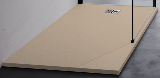 Novellini Novomatt Piatto Doccia 140x100 Spessore 3 cm Colore Tortora Ultrapiatto Sottile Slim Forma Rettangolare Installazione Appoggio Sagomabile Tagliabile Resistente Materiale Mineralsolid Superficie Texture Effetto Pietra Compreso Copripiletta