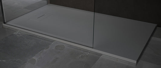 Novellini Novosolid Piatto Doccia Rettangolare Misura 160x90 Alto 3,5 cm Colore Grigio Ultrapiatto Installazione Appoggio Filopavimento Sagomabile Tagliabile Riparabile Resistente Superficie Texture Effetto Pietra Materiale Resina Compreso Copri Piletta