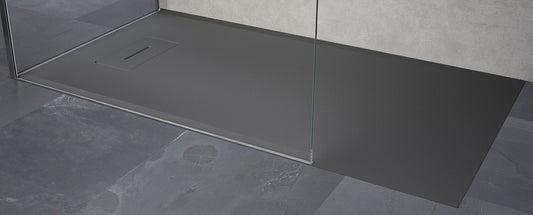 Novellini Novosolid Piatto Doccia Rettangolare Misura 180x80 Alto 3,5 cm Colore Grigio Ultrapiatto Installazione Appoggio Filopavimento Sagomabile Tagliabile Riparabile Resistente Superficie Texture Effetto Pietra Materiale Resina Compreso Copri Piletta