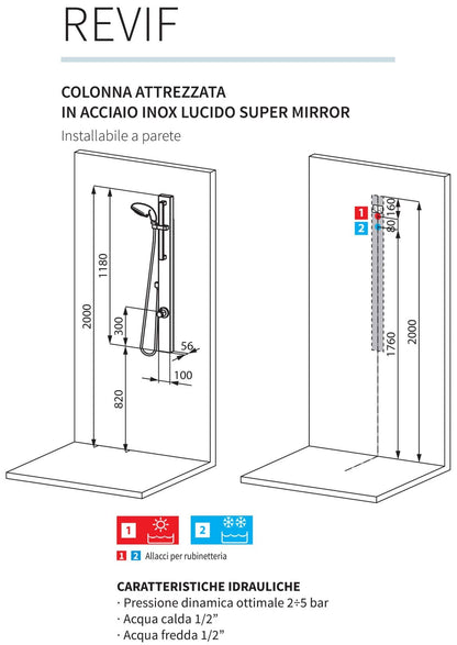 Novellini Revif Colonna Doccia Attrezzata Arredo Bagno Installabile Parete Muro Temperatura Acqua Fredda Calda Idraulico Doccetta Mano Flessibile Rubinetteria Rubinetto Miscelatore Meccanico Finitura Acciaio Inox Cromato Cromo Super Mirror Casa