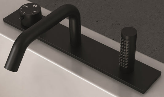 Novellini Rubinetteria Bordo Vasca Per Stile Appoggio 3 Fori Con Doccetta Estraibile e Piastra Materiale Ottone Finitura Nero Opaco 1 Manopola Moderno Cartuccia Miscelazione Progressiva Meccanico