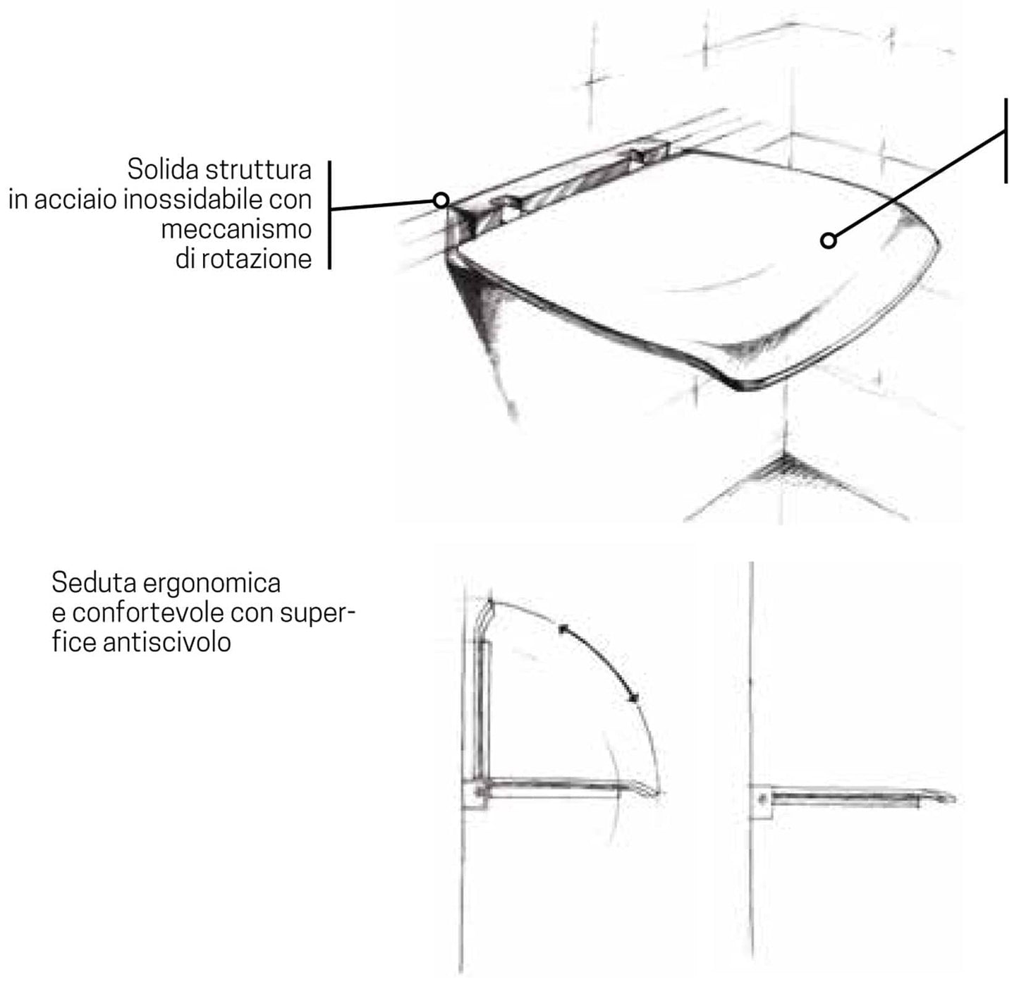 Novellini Sedile Reclinabile Portata Massima 100kg Parete Bianco RAL 9003 Solida Struttura Metallo Cromato Acciaio Inossidabile Meccanismo Rotazione Seduta Ergonomica Confortevole Superfice Antiscivolo 37x38 Altezza 7 cm