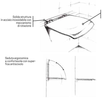 Novellini Sedile Reclinabile Portata Massima 100kg Parete Bianco RAL 9003 Solida Struttura Metallo Cromato Acciaio Inossidabile Meccanismo Rotazione Seduta Ergonomica Confortevole Superfice Antiscivolo 37x38 Altezza 7 cm