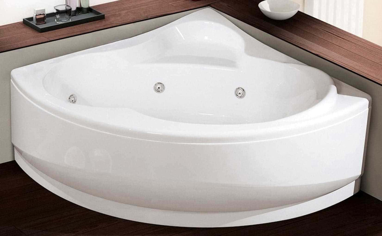 Novellini Una Vasca da Bagno Versione Hydro Con Disinfezione Misura 135x135 H55 cm Idro Whirlpool 6 Jets Accensione Digitale Forma Esterna Semicircolare Simmetrica Interna Ovale Installazione Angolare Pannello Erogatore Materiale Acrilico Finitura Bianco