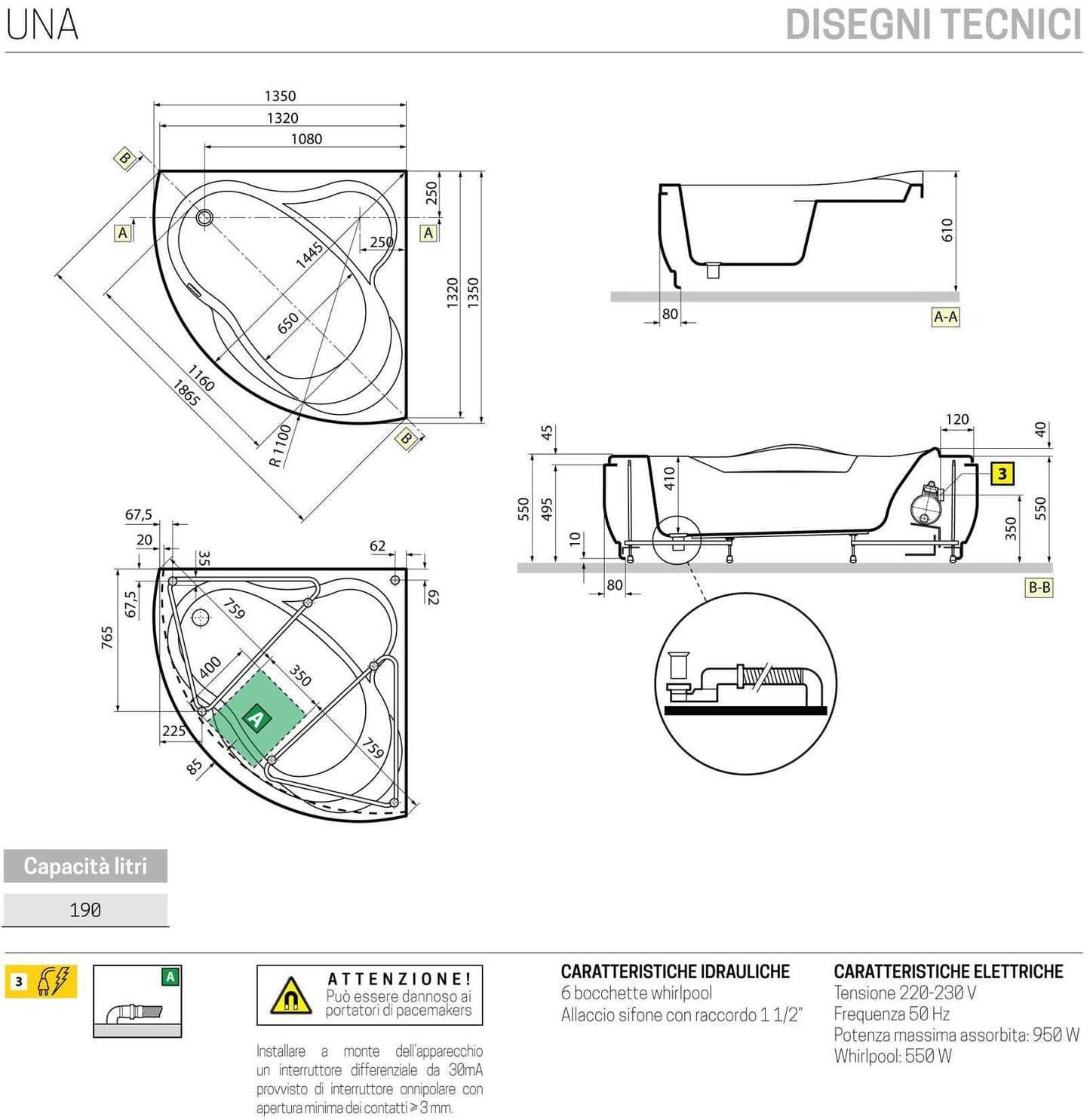 Novellini Una Vasca da Bagno Versione Hydro Con Disinfezione Misura 135x135 H55 cm Idro Whirlpool 6 Jets Accensione Digitale Forma Esterna Semicircolare Simmetrica Interna Ovale Installazione Angolo Pannello Colonna Materiale Acrilico Colore Bianco Lucido