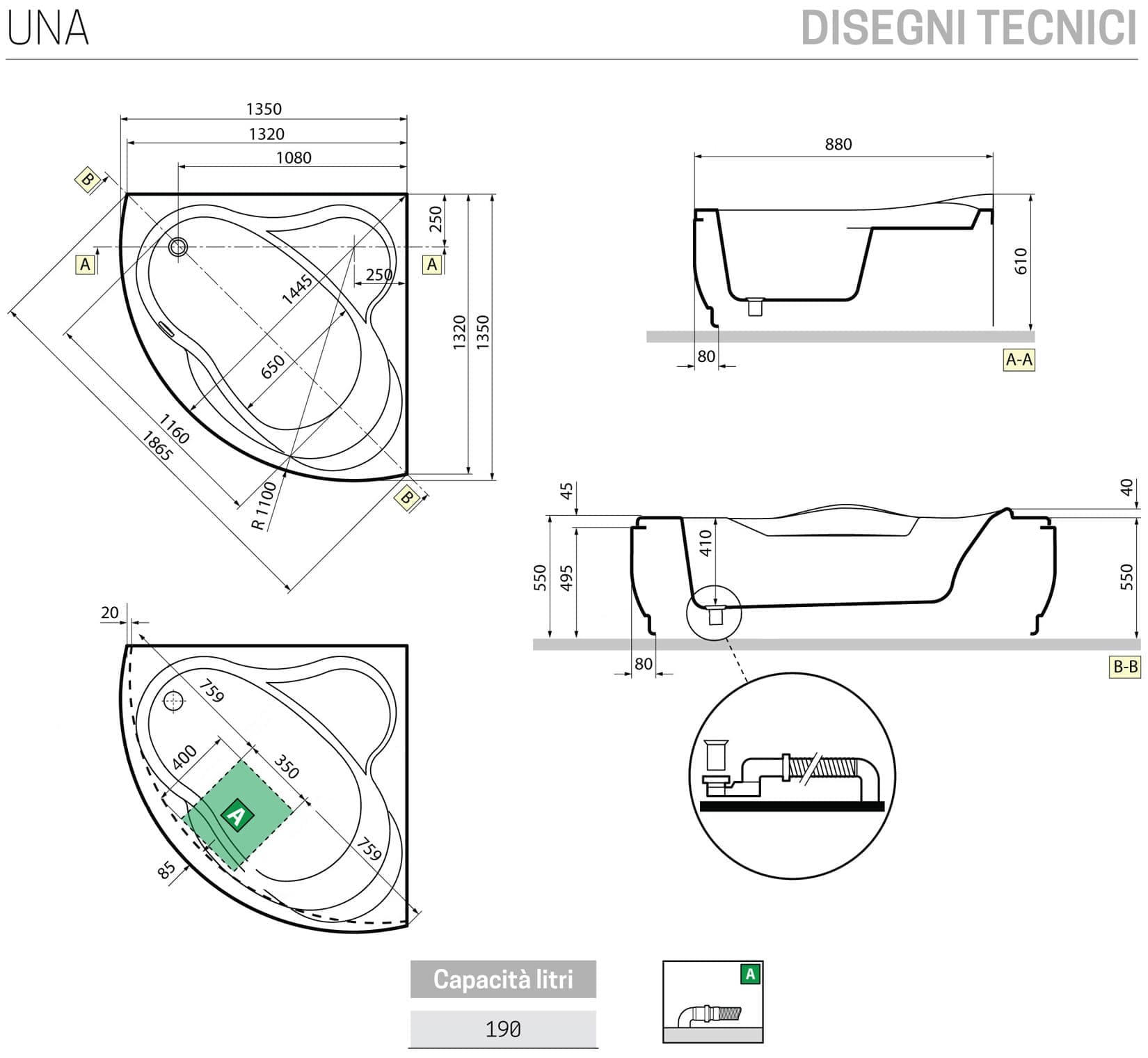Novellini Una Vasca da Bagno Versione Standard da Incasso Misura 135x135 Guscio Tradizionale da Rivestire Forma Esterna Tonda Curva Semicircolare Simmetrica Interna Ovale Materiale Acrilico Finitura Bianco Lucido Installazione Angolo Angolare Reversibile