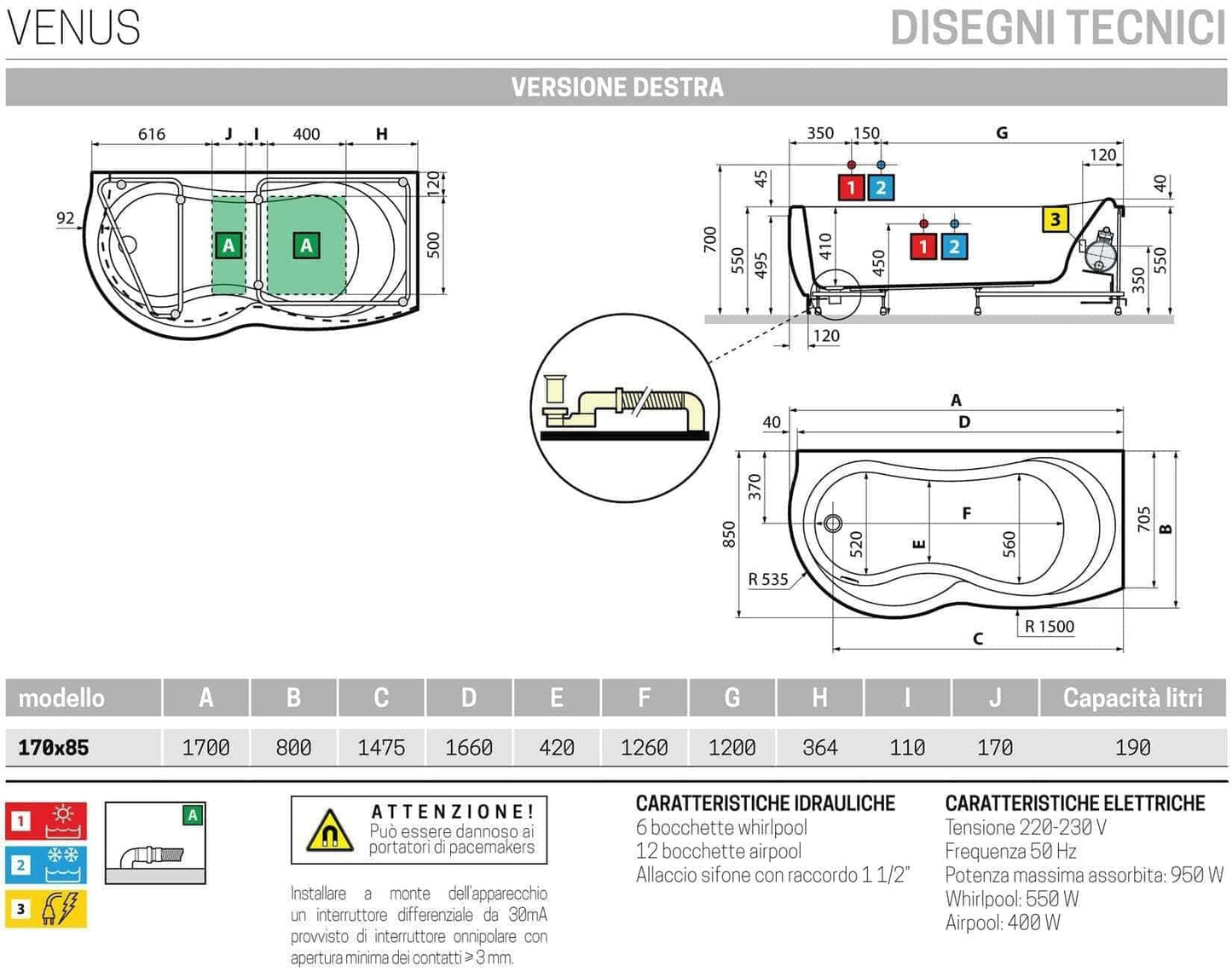 Novellini Venus Vasca da Bagno Versione Hydro Plus Misura 170x70 / 85 H55 cm Idro Whirlpool 6 Jets Disinfezione Airpool 12 Jet Forma Esterna Curva Asimmetrica Interna Otto Montaggio Angolare DX Pannello Display Rubinetto Materiale Acrilico Finitura Bianco