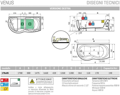 Novellini Venus Vasca da Bagno Versione Hydro Plus Misura 170x70 / 85 H55 cm Idro Whirlpool 6 Jets Disinfezione Airpool 12 Jet Forma Esterna Curva Asimmetrica Interna Otto Montaggio Angolare DX Pannello Display Rubinetto Materiale Acrilico Finitura Bianco