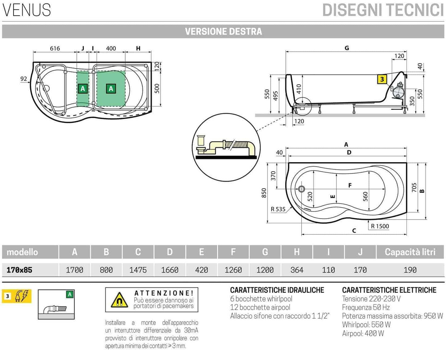 Novellini Venus Vasca da Bagno Versione Hydro Plus Misura 170x70 / 85 H55 cm Idro Whirlpool 6 Jets Disinfezione Airpool 12 Jet Forma Esterna Curva Asimmetrica Interna Otto Montaggio Angolare DX Pannello Display Erogatore Materiale Acrilico Finitura Bianco