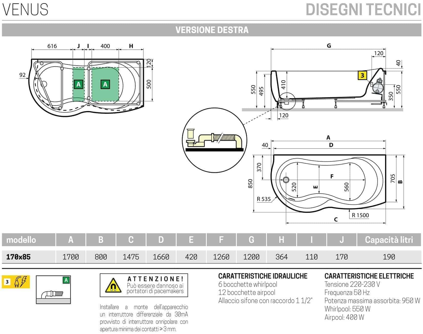 Novellini Venus Vasca da Bagno Versione Hydro Plus Misura 170x70 / 85 H55 cm Idro Whirlpool 6 Jets Disinfezione Airpool 12 Jet Forma Esterna Curva Asimmetrica Interna Otto Montaggio Angolare DX Pannello Display Erogatore Materiale Acrilico Finitura Bianco