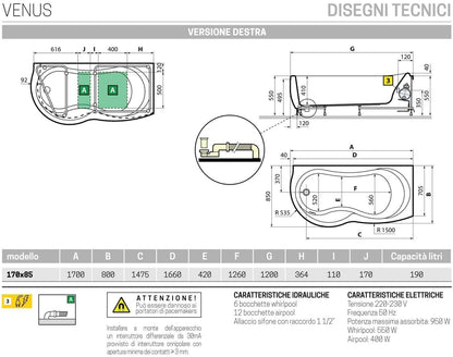 Novellini Venus Vasca da Bagno Versione Hydro Plus Misura 170x70 / 85 H55 cm Idro Whirlpool 6 Jets Disinfezione Airpool 12 Jet Forma Esterna Curva Asimmetrica Interna Otto Montaggio Angolare DX Pannello Display Erogatore Materiale Acrilico Finitura Bianco