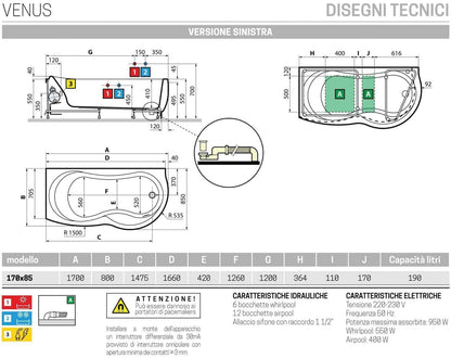 Novellini Venus Vasca da Bagno Versione Hydro Plus Misura 170x70 / 85 H55 cm Idro Whirlpool 6 Jets Disinfezione Airpool 12 Jet Forma Esterna Curva Asimmetrica Interna Otto Montaggio Angolare SX Pannello Display Rubinetto Materiale Acrilico Finitura Bianco