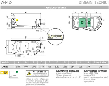 Novellini Venus Vasca da Bagno Versione Hydro Plus Misura 170x70 / 85 H55 cm Idro Whirlpool 6 Jets Disinfezione Airpool 12 Jet Forma Esterna Curva Asimmetrica Interna Otto Montaggio Angolare SX Pannello Display Erogatore Materiale Acrilico Finitura Bianco