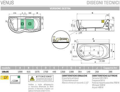 Novellini Venus Vasca da Bagno Versione Hydro Plus Misura 180x80 / 85 H55 cm Idro Whirlpool 6 Jets Disinfezione Airpool 12 Jet Forma Esterna Curva Asimmetrica Interna Otto Montaggio Angolare DX Pannello Display Erogatore Materiale Acrilico Finitura Bianco