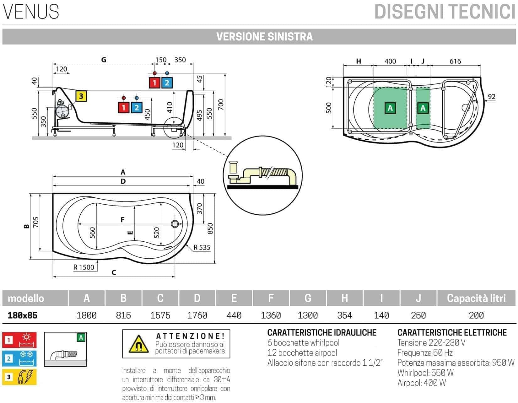 Novellini Venus Vasca da Bagno Versione Hydro Plus Misura 180x80 / 85 H55 cm Idro Whirlpool 6 Jets Disinfezione Airpool 12 Jet Forma Esterna Curva Asimmetrica Interna Otto Montaggio Angolare SX Pannello Display Rubinetto Materiale Acrilico Finitura Bianco