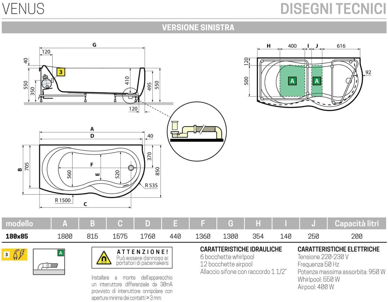 Novellini Venus Vasca da Bagno Versione Hydro Plus Misura 180x80 / 85 H55 cm Idro Whirlpool 6 Jets Disinfezione Airpool 12 Jet Forma Esterna Curva Asimmetrica Interna Otto Montaggio Angolare SX Pannello Display Erogatore Materiale Acrilico Finitura Bianco