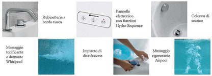 Novellini Venus Vasca da Bagno Versione Hydro Plus Misura 170x70 / 85 H55 cm Idro Whirlpool 6 Jets Disinfezione Airpool 12 Jet Forma Esterna Curva Asimmetrica Interna Otto Montaggio Angolare SX Pannello Display Rubinetto Materiale Acrilico Finitura Bianco