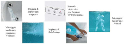 Novellini Venus Vasca da Bagno Versione Hydro Plus Misura 180x80 / 85 H55 cm Idro Whirlpool 6 Jets Disinfezione Airpool 12 Jet Forma Esterna Curva Asimmetrica Interna Otto Montaggio Angolare DX Pannello Display Erogatore Materiale Acrilico Finitura Bianco