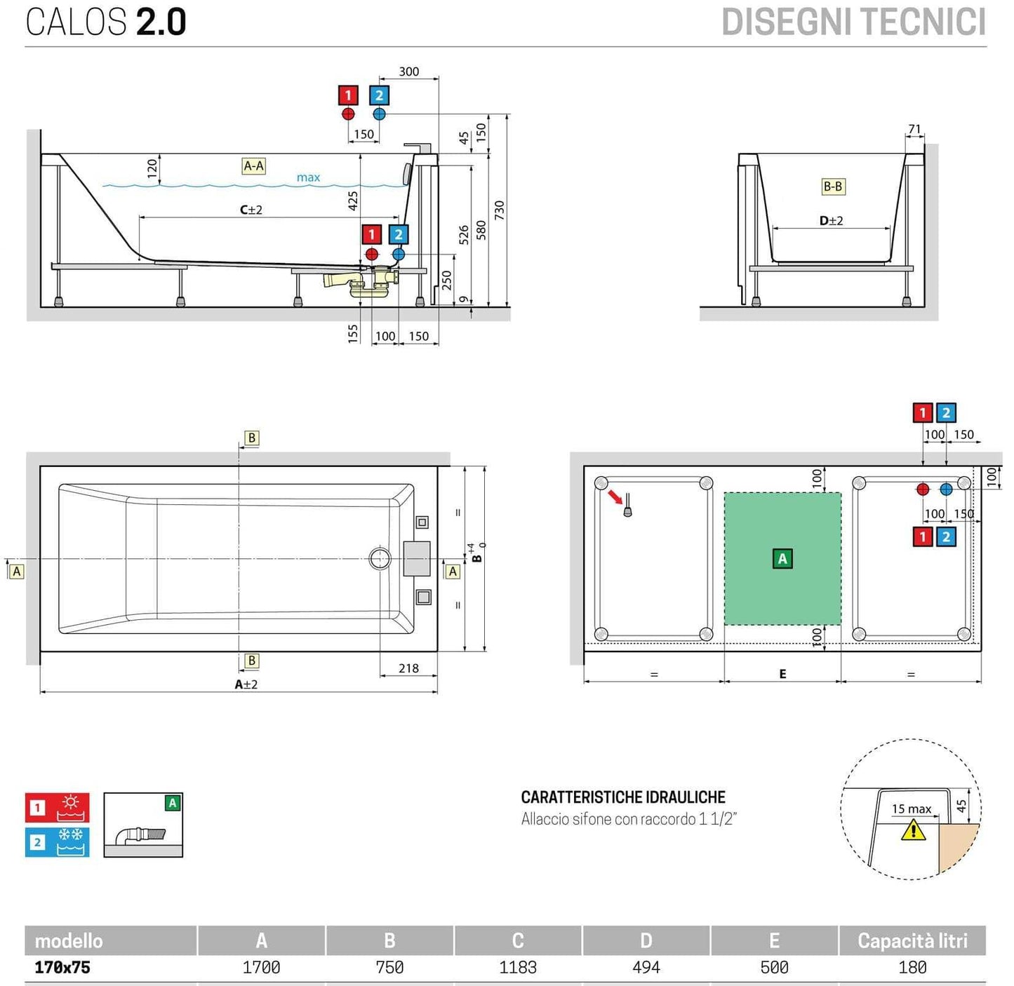 Novellini Calos 2.0 Vasca da Bagno Versione Standard con Telaio Misura 170x75 Altezza 58 cm Installazione Reversibile Forma Rettangolare 1 Pannello Frontale 1 Laterale Materiale Acrilico Colore Bianco Lucido Colonna di Scarico Con Rubinetteria Poggiatesta