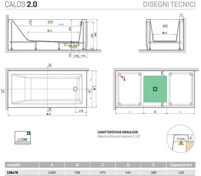 Novellini Calos 2.0 Vasca da Bagno Versione Standard con Telaio Misura 150x70 Altezza 58 cm Installazione Reversibile Design Squadrato Forma Rettangolare 1 Pannello Frontale 2 Laterali Materiale Acrilico Colore Bianco Lucido Colonna di Scarico Poggiatesta