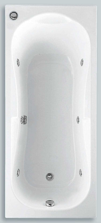 Novellini Calypso Vasca da Bagno Versione Eco Misura 150x70 H55 cm Idro Whirlpool 6 Getti Installazione Reversibile Accensione Pneumatica Forma Esterna Rettangolare Interna ad Otto 2 Pannelli Materiale Acrilico Colore Bianco Lucido Colonna Poggiatesta