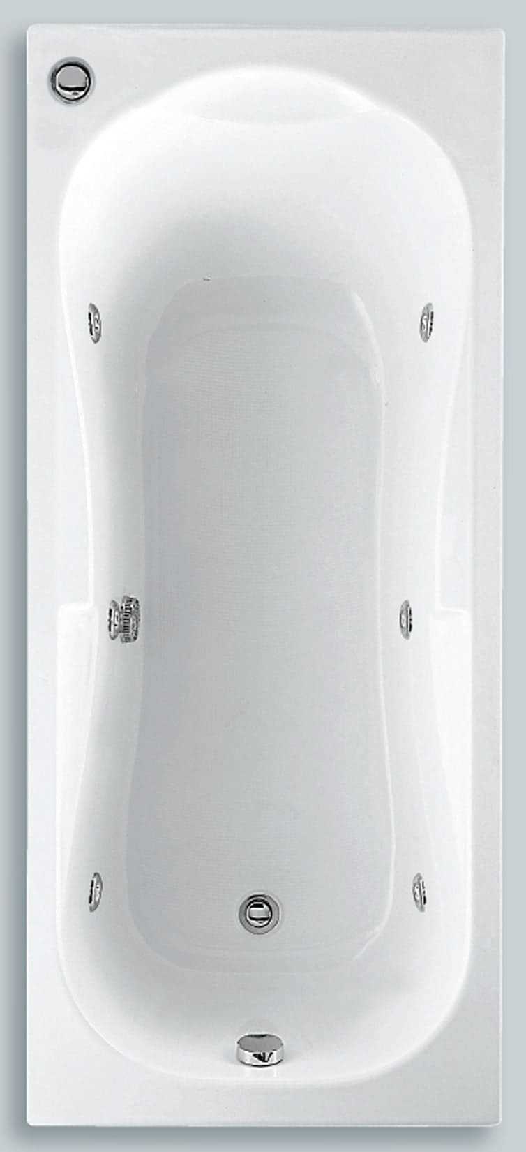 Novellini Calypso Vasca da Bagno Versione Eco Misura 170x70 H55 cm Idro Whirlpool 6 Getti Installazione Reversibile Accensione Pneumatica Forma Esterna Rettangolare Interna ad Otto 2 Pannelli Materiale Acrilico Colore Bianco Lucido Colonna Poggiatesta