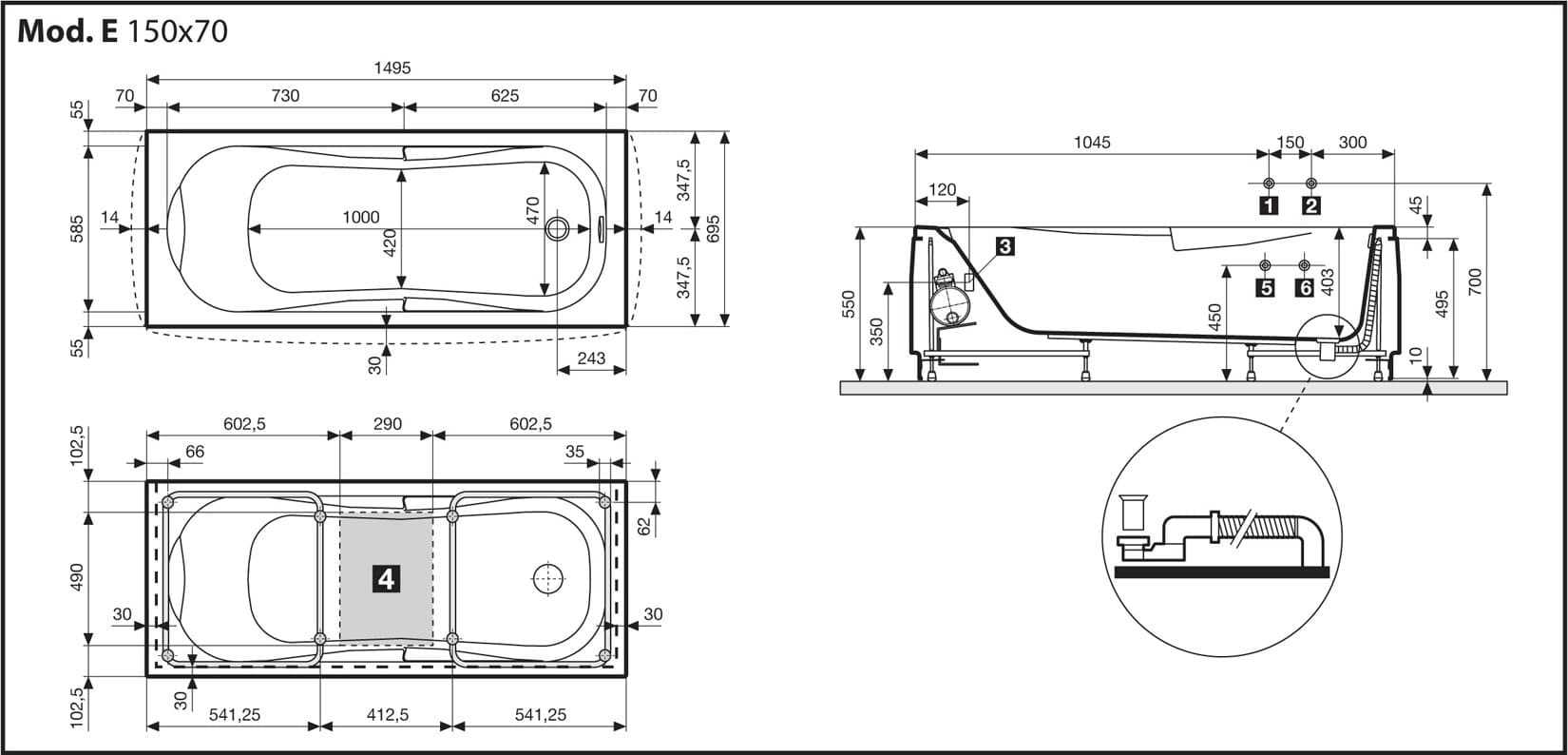 Novellini Calypso Vasca da Bagno Versione Eco Misura 150x70 H55 cm Idro Whirlpool 6 Getti Installazione Reversibile Accensione Pneumatica Forma Esterna Rettangolare Interna ad Otto 2 Pannelli Materiale Acrilico Colore Bianco Lucido Colonna Poggiatesta