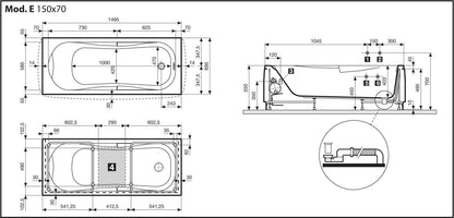 Novellini Calypso Vasca da Bagno Versione Eco Misura 150x70 H55 cm Idro Whirlpool 6 Getti Installazione Reversibile Accensione Pneumatica Forma Esterna Rettangolare Interna ad Otto 2 Pannelli Materiale Acrilico Colore Bianco Lucido Colonna Poggiatesta