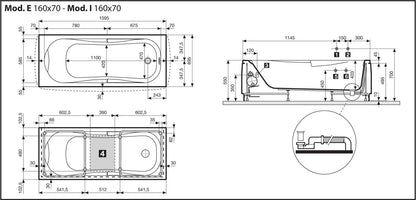 Novellini Calypso Vasca da Bagno Versione Eco Misura 160x70 H55 cm Idro Whirlpool 6 Getti Installazione Reversibile Accensione Pneumatica Forma Esterna Rettangolare Interna ad Otto 2 Pannelli Materiale Acrilico Colore Bianco Lucido Colonna Poggiatesta