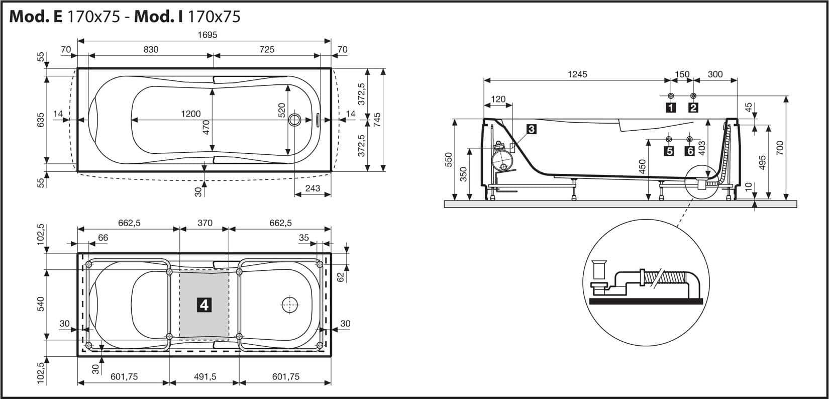 Novellini Calypso Vasca da Bagno Versione Eco Misura 170x75 H55 cm Idro Whirlpool 6 Getti Installazione Reversibile Accensione Pneumatica Forma Esterna Rettangolare Interna ad Otto 2 Pannelli Materiale Acrilico Colore Bianco Lucido Colonna Poggiatesta