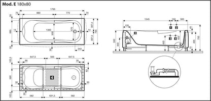 Novellini Calypso Vasca da Bagno Versione Eco Misura 180x80 H55 cm Idro Whirlpool 6 Getti Installazione Reversibile Accensione Pneumatica Forma Esterna Rettangolare Interna ad Otto 2 Pannelli Materiale Acrilico Colore Bianco Lucido Colonna Poggiatesta