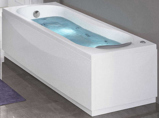 Novellini Calypso Vasca da Bagno Versione Eco Misura 170x80 H55 cm Idro Whirlpool 6 Getti Installazione Reversibile Accensione Pneumatica Forma Esterna Rettangolare Interna ad Otto 2 Pannelli Materiale Acrilico Colore Bianco Lucido Colonna Poggiatesta