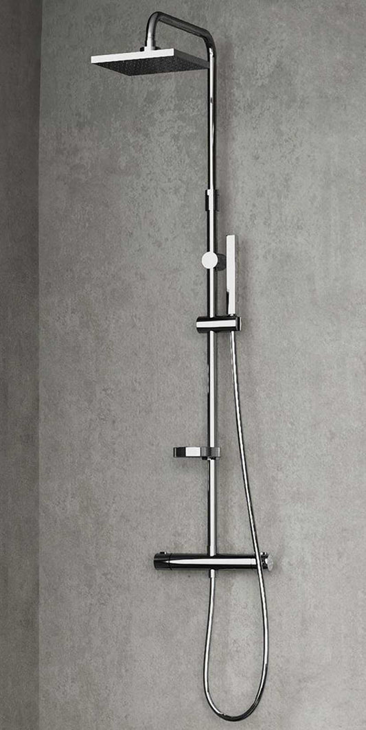 Novellini Easy 2 Colonna Doccia Attrezzata Arredo Bagno Installabile Parete Muro Temperatura Acqua Fredda Calda Idraulico Doccetta Mano Flessibile Soffione Pioggia Regolabile Rubinetto Miscelatore Termostatico Finitura Ottone Cromato 29xH125 cm 