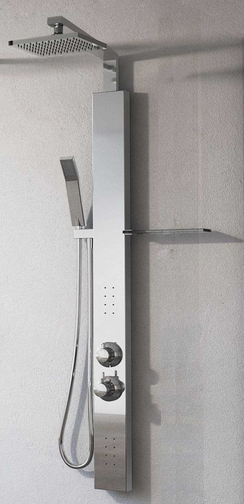Novellini Revif Plus Colonna Doccia Attrezzata Idromassaggio Idro Arredo Bagno Installabile Parete Muro Acqua Idraulico Doccetta Mano Flessibile Soffione Portaoggetti Pioggia Miscelatore Meccanico Finitura Acciaio Inox Cromato Cromo Super Mirror
