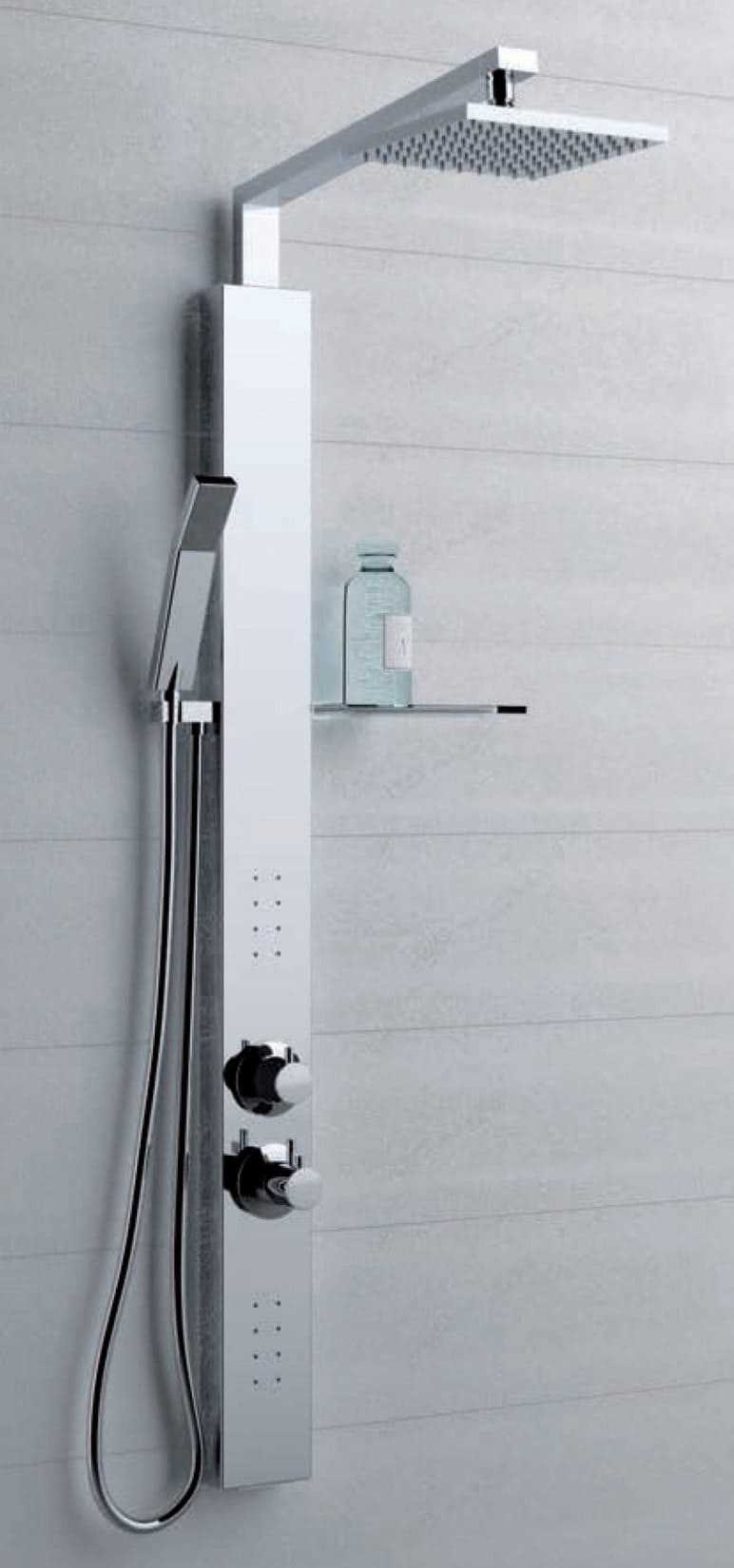 Novellini Revif Plus Colonna Doccia Attrezzata Idromassaggio Idro Arredo Bagno Installabile Parete Acqua Idraulico Doccetta Mano Flessibile Soffione Porta Oggetti Pioggia Miscelatore Termostatico Finitura Acciaio Inox Cromato Cromo Super Mirror