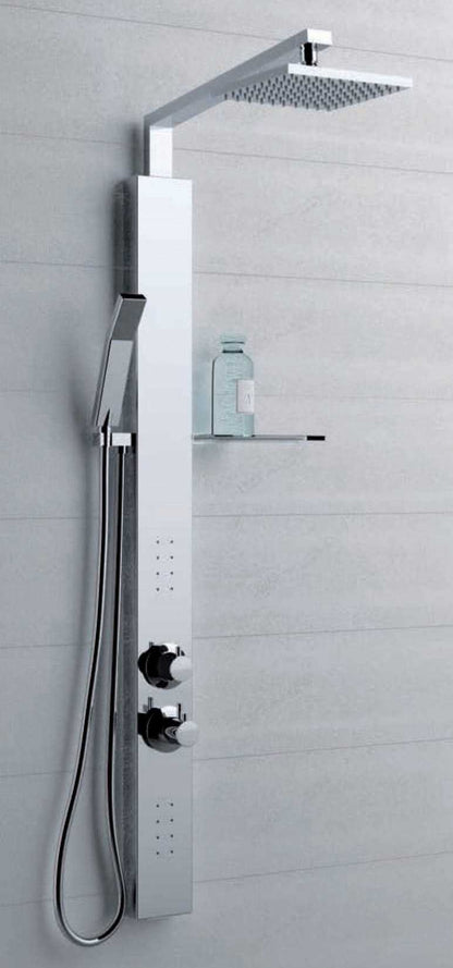 Novellini Revif Plus Colonna Doccia Attrezzata Idromassaggio Idro Arredo Bagno Installabile Parete Acqua Idraulico Doccetta Mano Flessibile Soffione Porta Oggetti Pioggia Miscelatore Termostatico Finitura Acciaio Inox Cromato Cromo Super Mirror