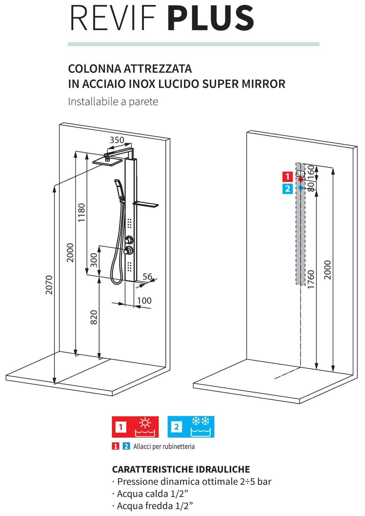 Novellini Revif Plus Colonna Doccia Attrezzata Idromassaggio Idro Arredo Bagno Installabile Parete Acqua Idraulico Doccetta Mano Flessibile Soffione Porta Oggetti Pioggia Miscelatore Termostatico Finitura Acciaio Inox Cromato Cromo Super Mirror