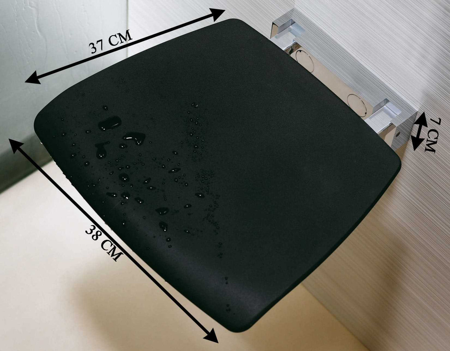 Novellini Sedile Reclinabile Portata Massima 100kg Parete Nero RAL 7021 Solida Struttura Metallo Cromato Acciaio Inossidabile Meccanismo Rotazione Seduta Ergonomica Confortevole Superfice Antiscivolo 37x38 Altezza 7 cm