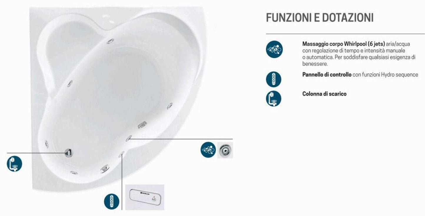 Novellini Una Vasca da Bagno Versione Hydro Misura 135x135 H55 cm Idro Whirlpool 6 Jets Accensione Digitale Forma Esterna Semicircolare Simmetrica Interna Ovale Installazione Angolare Reversibile Pannello Colonna Materiale Acrilico Finitura Bianco Lucido