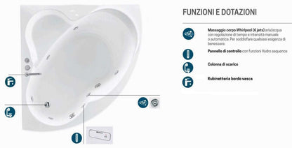 Novellini Una Vasca da Bagno Versione Hydro Misura 135x135 H55 cm Idro Whirlpool 6 Jets Accensione Digitale Forma Esterna Semicircolare Simmetrica Interna Ovale Installazione Angolare Pannello Colonna Rubinetteria Materiale Acrilico Finitura Bianco Lucido