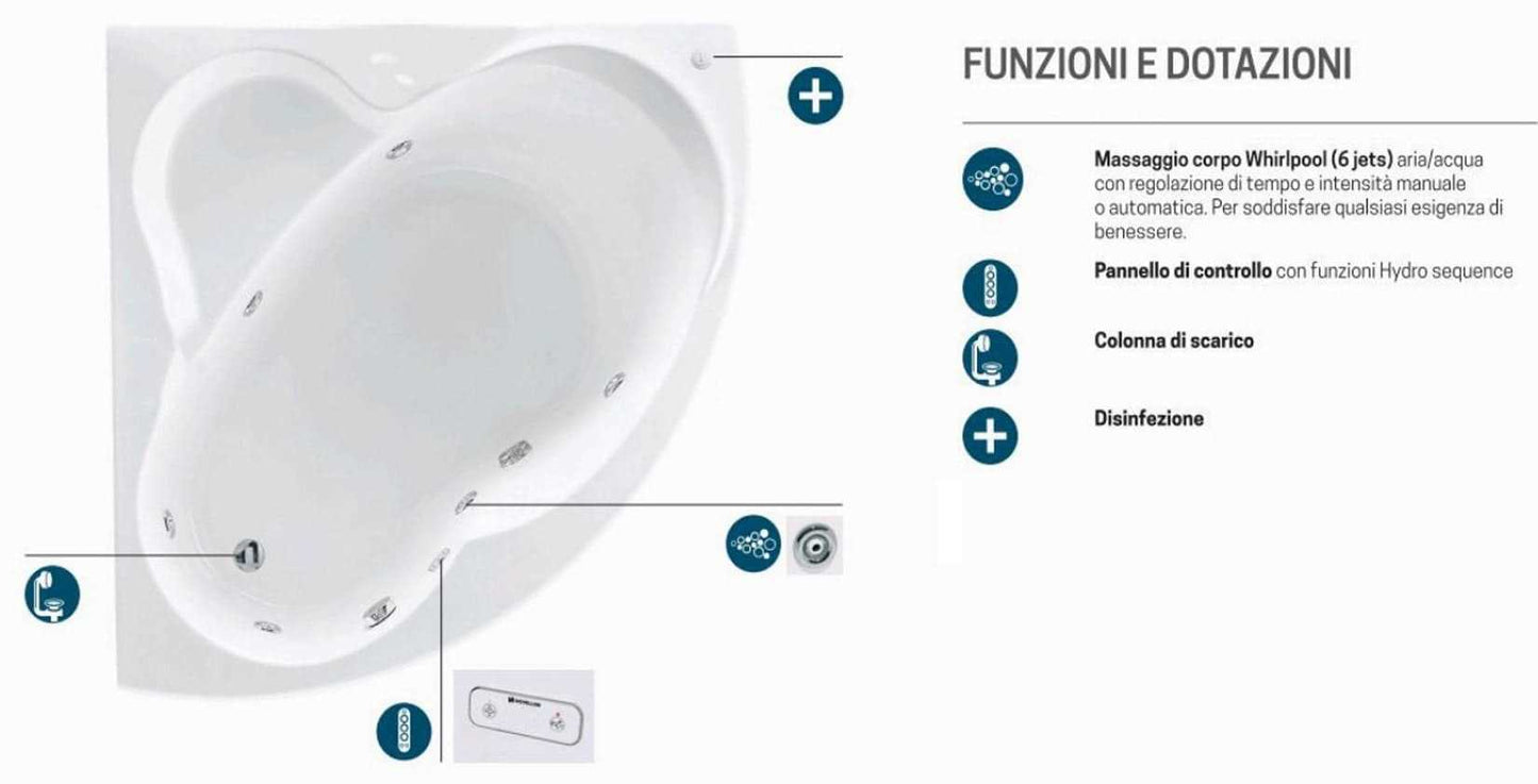 Novellini Una Vasca da Bagno Versione Hydro Con Disinfezione Misura 135x135 H55 cm Idro Whirlpool 6 Jets Accensione Digitale Forma Esterna Semicircolare Simmetrica Interna Ovale Installazione Angolo Pannello Colonna Materiale Acrilico Colore Bianco Lucido