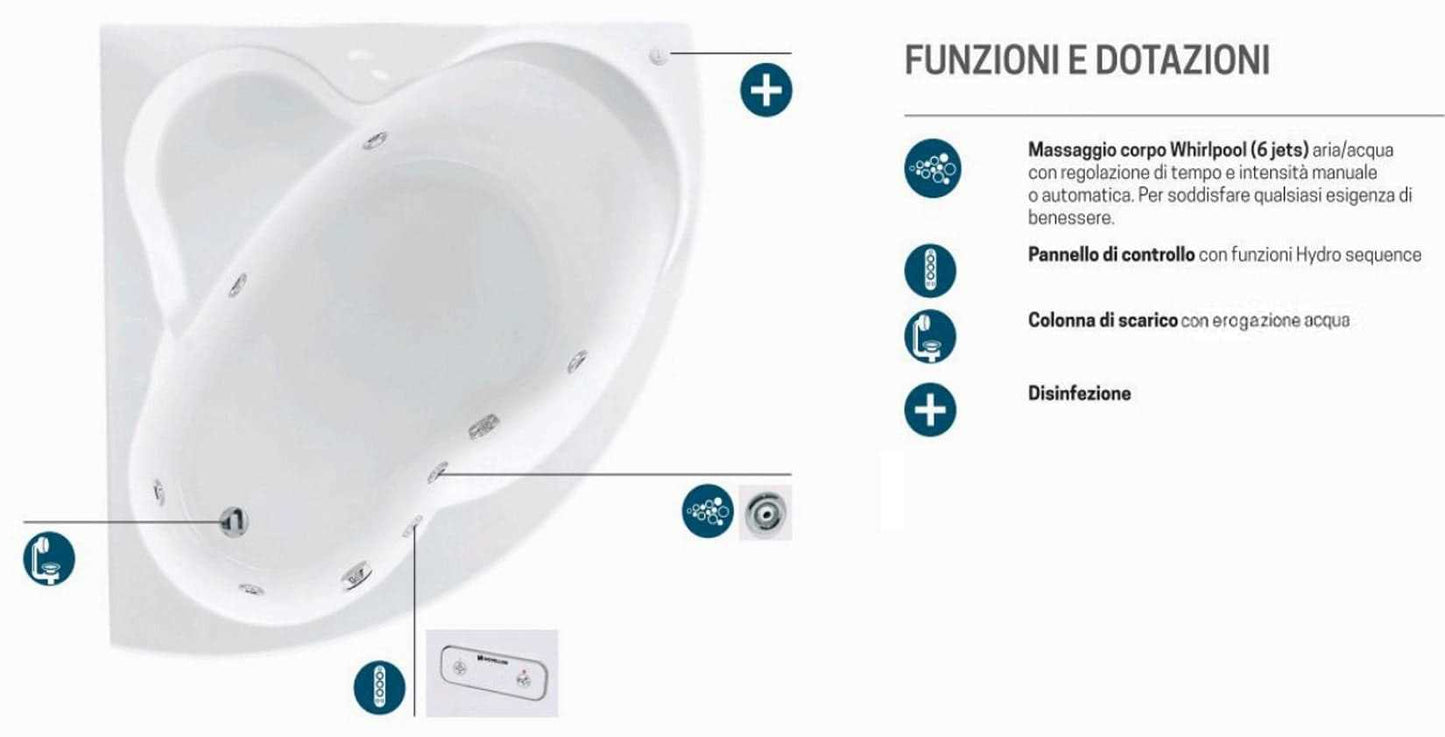 Novellini Una Vasca da Bagno Versione Hydro Con Disinfezione Misura 135x135 H55 cm Idro Whirlpool 6 Jets Accensione Digitale Forma Esterna Semicircolare Simmetrica Interna Ovale Installazione Angolare Pannello Erogatore Materiale Acrilico Finitura Bianco