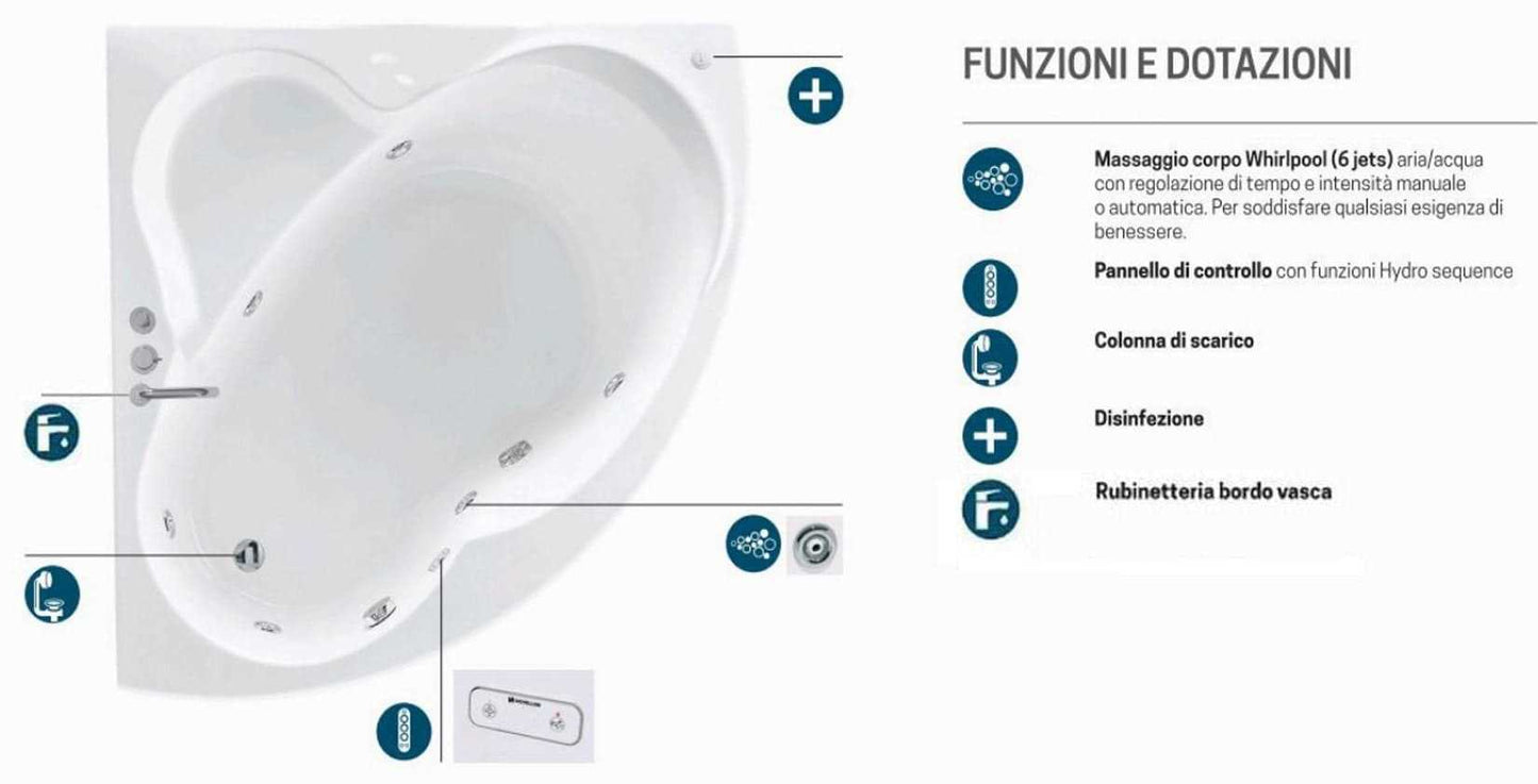Novellini Una Vasca da Bagno Versione Hydro Con Disinfezione Misura 135x135 H55 cm Idro Whirlpool 6 Jets Accensione Digitale Forma Esterna Semicircolare Simmetrica Interna Ovale Installazione Angolo Pannello Fontana Materiale Acrilico Colore Bianco Lucido