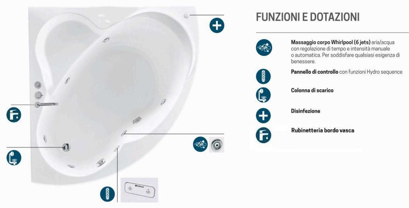 Novellini Una Vasca da Bagno Versione Hydro Con Disinfezione Misura 135x135 H55 cm Idro Whirlpool 6 Jets Accensione Digitale Forma Esterna Semicircolare Simmetrica Interna Ovale Installazione Angolo Pannello Fontana Materiale Acrilico Colore Bianco Lucido