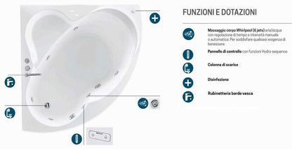 Novellini Una Vasca da Bagno Versione Hydro Con Disinfezione Misura 135x135 H55 cm Idro Whirlpool 6 Jets Accensione Digitale Forma Esterna Semicircolare Simmetrica Interna Ovale Installazione Angolo Pannello Fontana Materiale Acrilico Colore Bianco Lucido