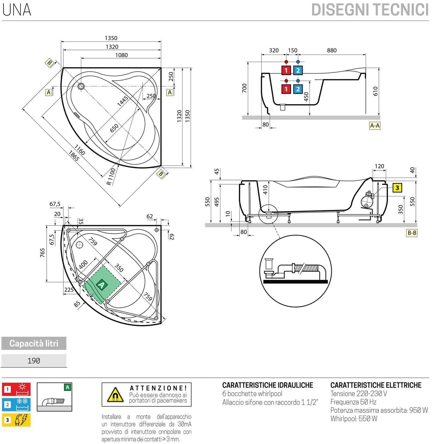 Novellini Una Vasca da Bagno Versione Hydro Misura 135x135 H55 cm Idro Whirlpool 6 Jets Accensione Digitale Forma Esterna Semicircolare Simmetrica Interna Ovale Installazione Angolare Pannello Colonna Rubinetteria Materiale Acrilico Finitura Bianco Lucido