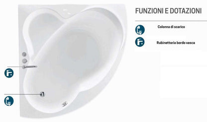 Novellini Una Vasca da Bagno Versione Standard Con Telaio Misura 135x135 H55 cm Forma Esterna Tonda Curva Semicircolare Simmetrica Interna Ovale Installazione Angolare Reversibile Pannello Frontale Colonna Rubinetto Materiale Acrilico Colore Bianco Lucido